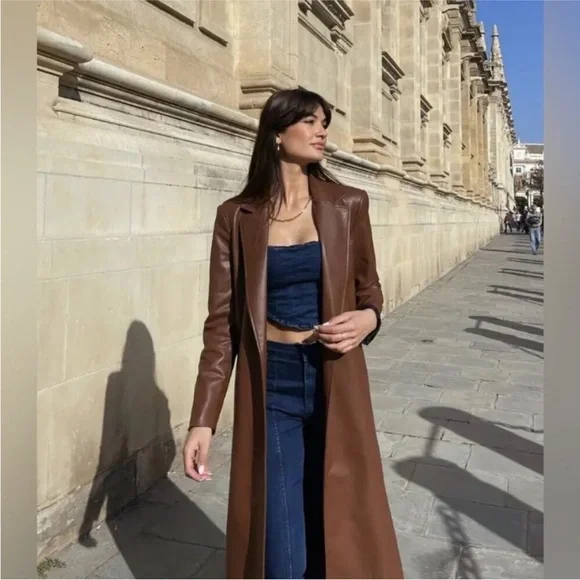 Zara Faux Leather Longline Duster Blazer Top Coat Jacket Cognac Brown Medium - Picture 4 of 11